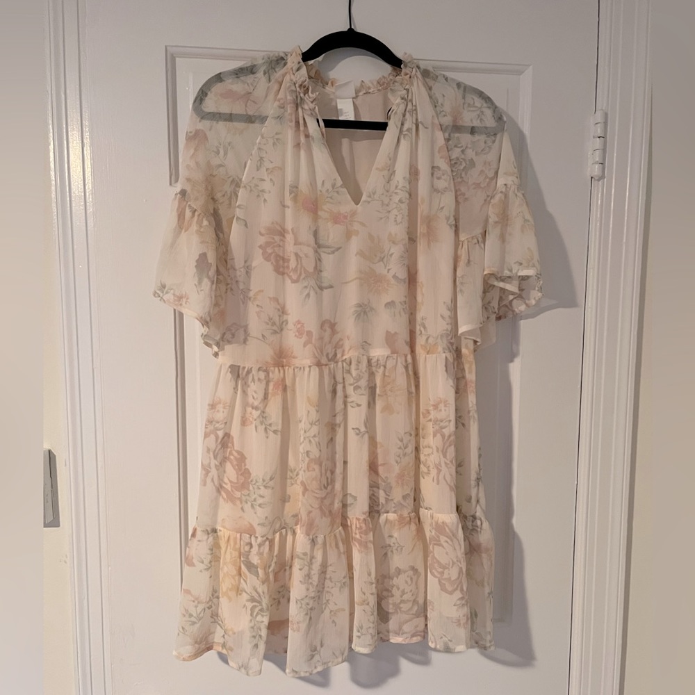 Pale pink with floral design flowy mini dress
